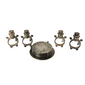 Silver Tone Santa Clause Coasters Set with Holder - Christmas Holiday Decor